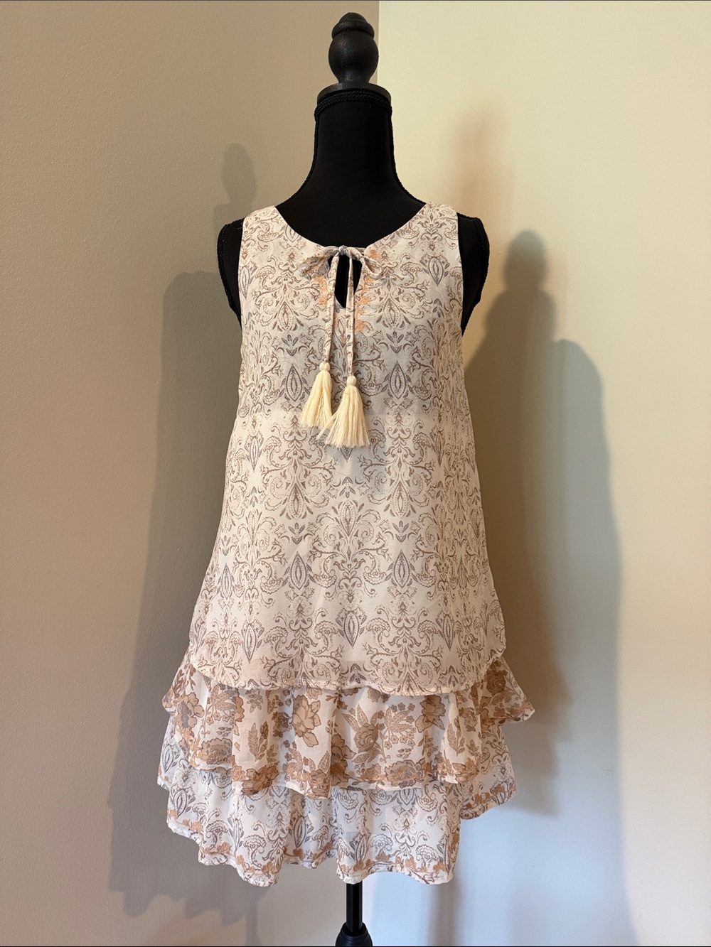 Jolt Cream & Beige Tassel Tiered Mini Dress